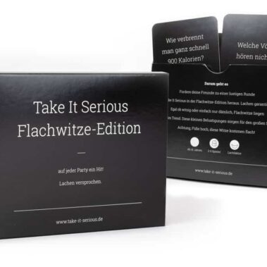 Vorderseite und Rückseite des Spiels Take It Serious Flachwitze-Edition