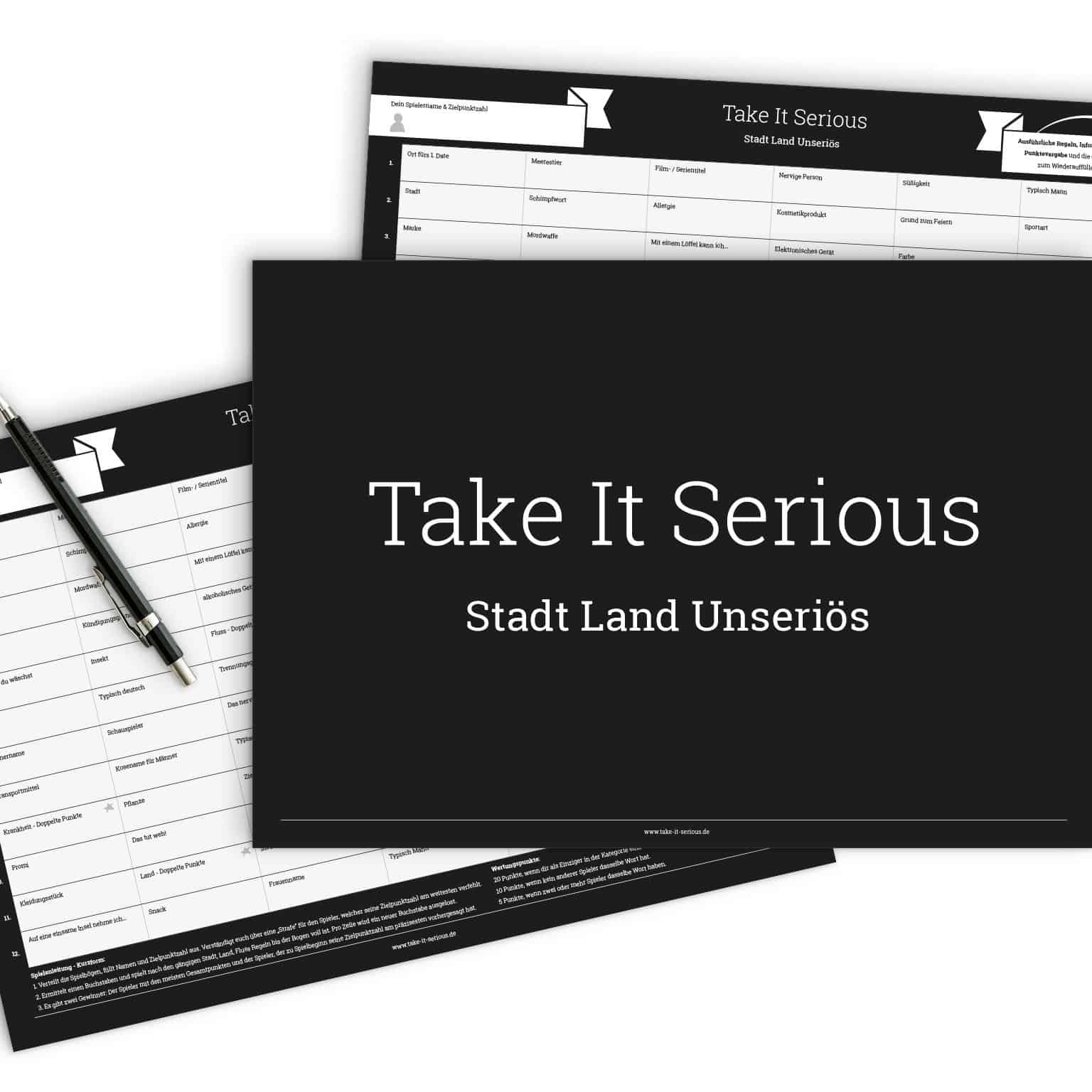 So sehen die Spielbögen und der Block von Stadt Land Unseriös, dem lustigen Stadt Land Fluss Spiel aus.