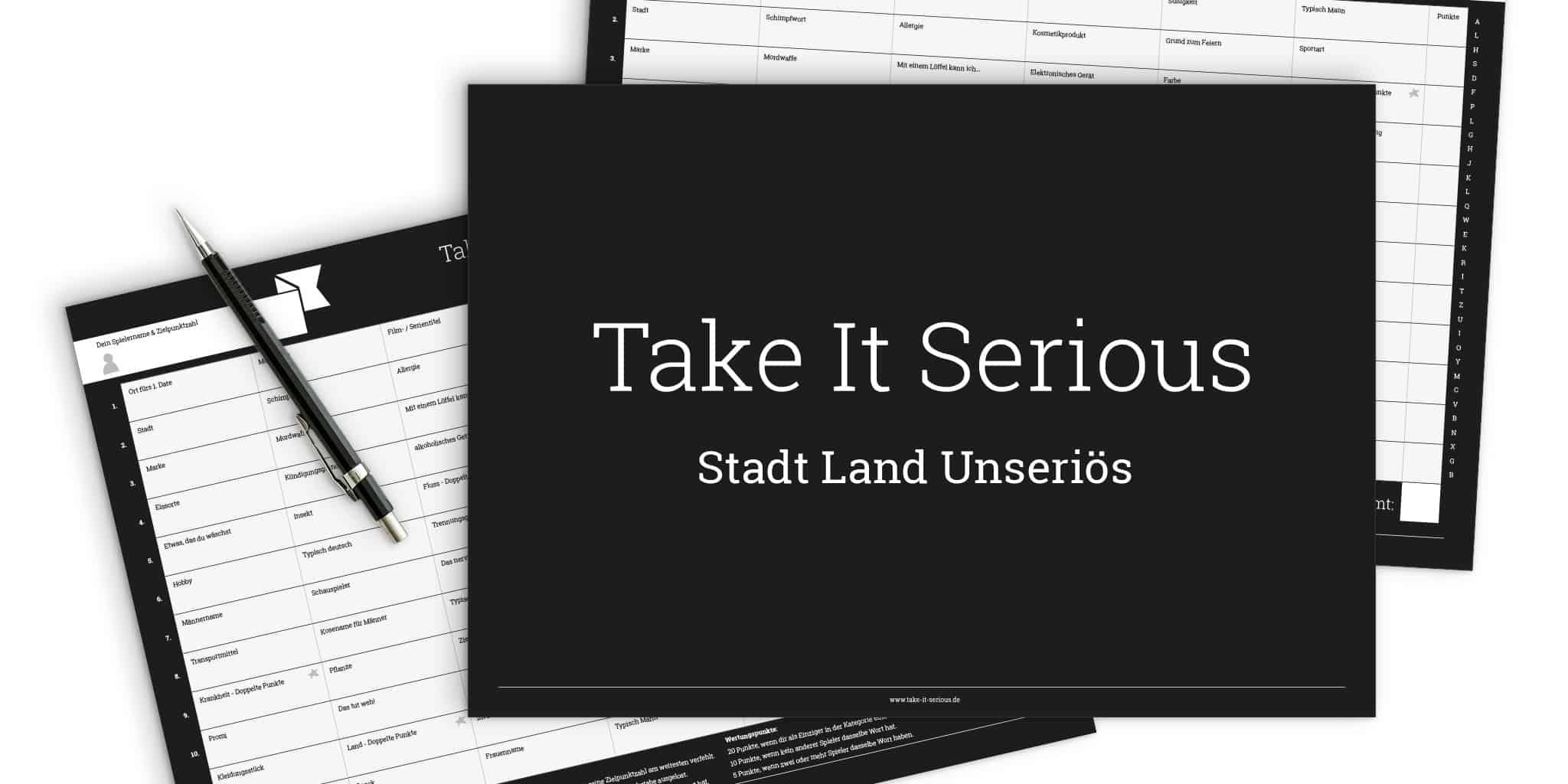 So sehen die Spielbögen und der Block von Stadt Land Unseriös, dem lustigen Stadt Land Fluss Spiel aus.