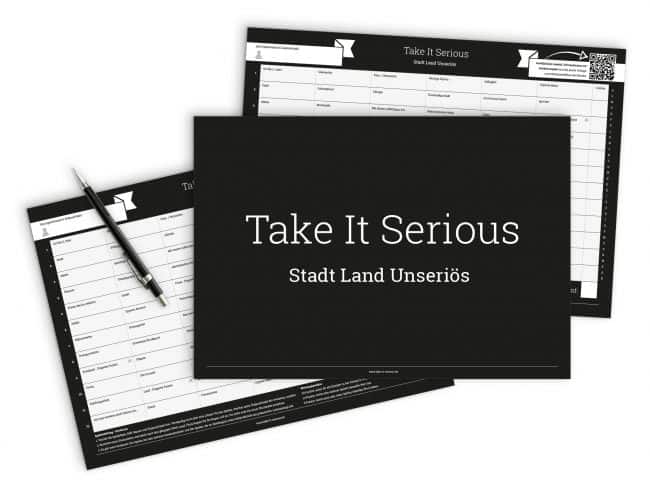 So sehen die Spielbögen und der Block von Stadt Land Unseriös, dem lustigen Stadt Land Fluss Spiel aus.