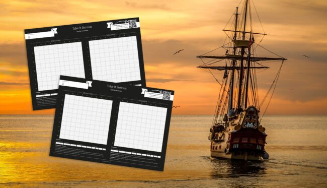 Piratenboot auf dem Weg in den Sonnenuntergang.