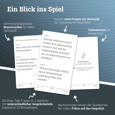 Ein Blick ins Spiel: Deep Talk besteht aus 120 Fragen mit unterschiedlicher Gesprächstiefe und 20 Bonusfragen. Tiefenkarten geben euch den Setwechsel an. Jede Karte hat 2 Fragen zur Auswahl.