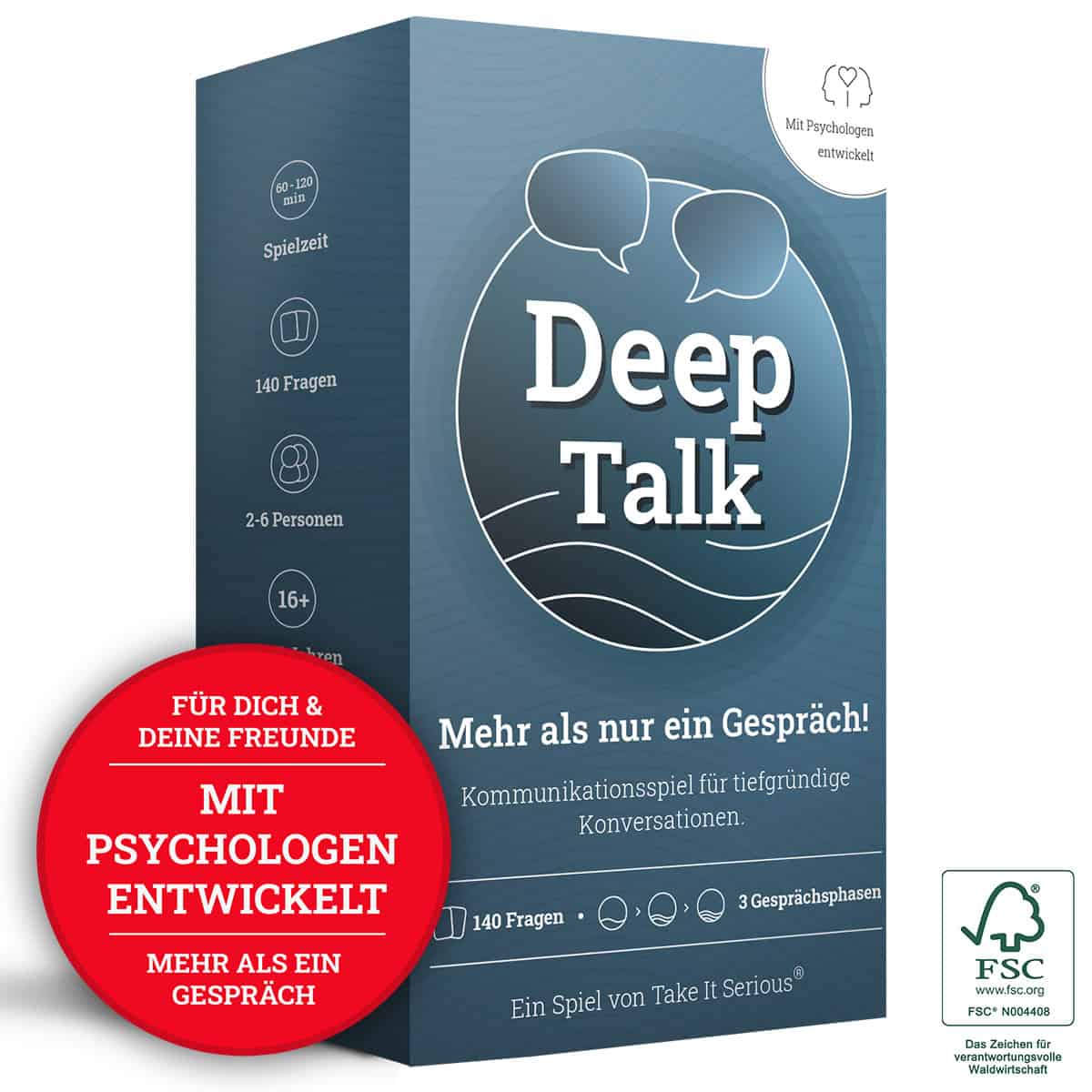 Deep Talk Kartenspiel für tiefgründige Gespräche, entwickelt mit Psychologen, für 2-6 Personen, ab 16 Jahren, mit 140 Fragen für tiefgehende Kommunikation.