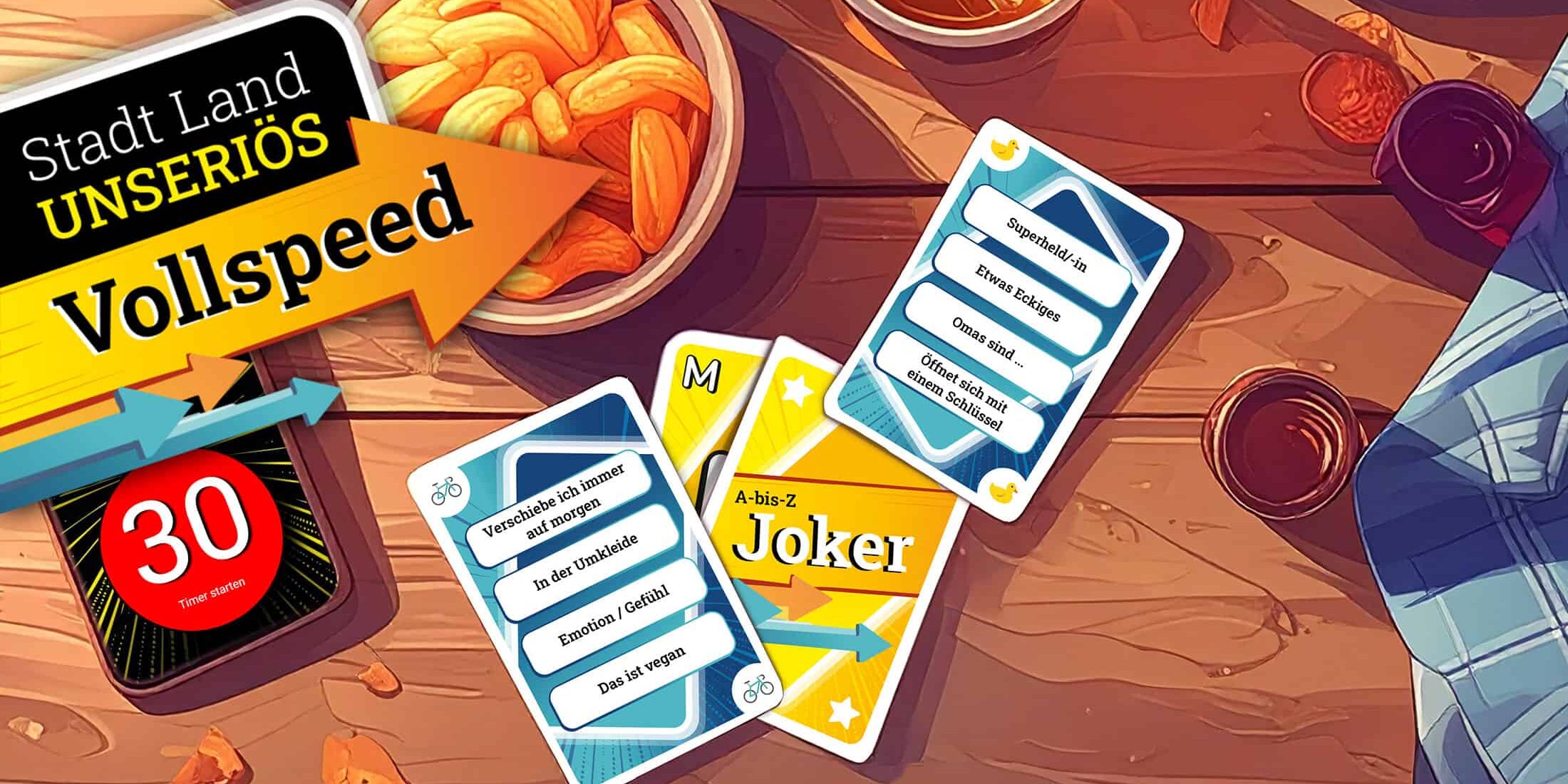 Vollspeed – das raketenschnelle Stadt Land Fluss – Wer gewinnt gegen den Timer? Ein Spiel von Stadt-Land-Unseriös Wer denkt am schnellsten? Vollspeed fordert euch beim Stadt Land Fluss Spielen nocheinmal mehr heraus, denn die Zeit spielt mit. 500 Kategorien aus 7 Themengebieten warten auf euch.