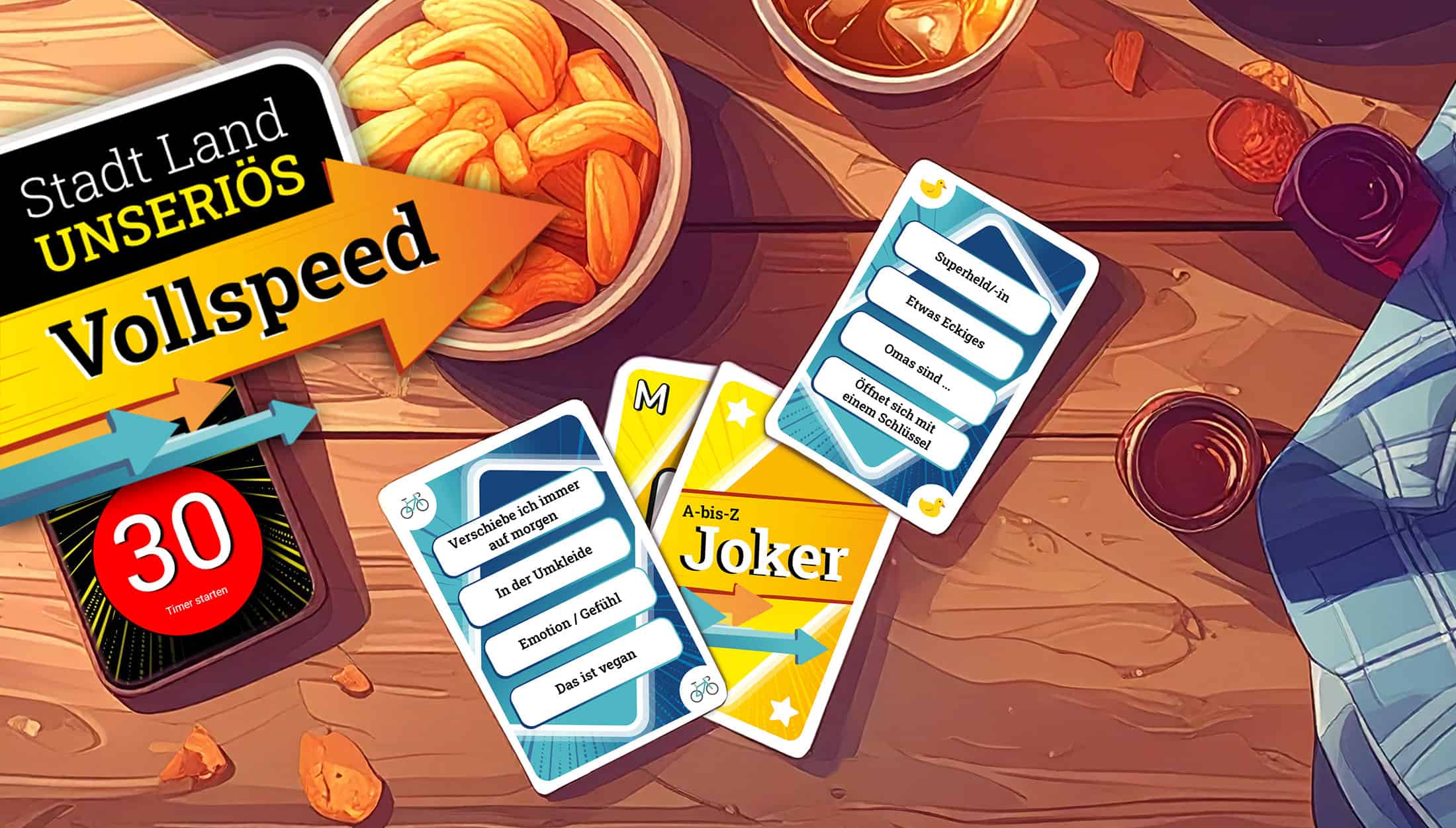 Vollspeed – das raketenschnelle Stadt Land Fluss – Wer gewinnt gegen den Timer? Ein Spiel von Stadt-Land-Unseriös Wer denkt am schnellsten? Vollspeed fordert euch beim Stadt Land Fluss Spielen nocheinmal mehr heraus, denn die Zeit spielt mit. 500 Kategorien aus 7 Themengebieten warten auf euch.