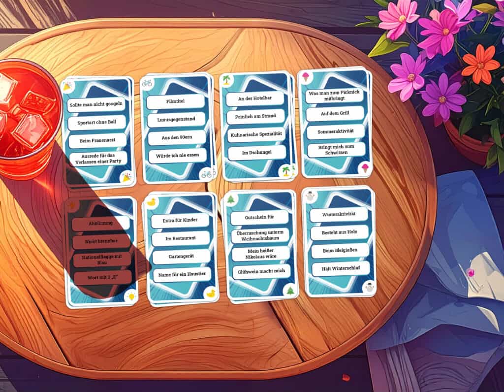 Abwechslungsreiche Kategorien für den perfekten Spieleabende, Teambuilding oder Partyspiele, ideal für Freunde und Familie. Perfekt für Gesellschaftsspiele im Urlaub, am Strand oder bei Grillpartys.