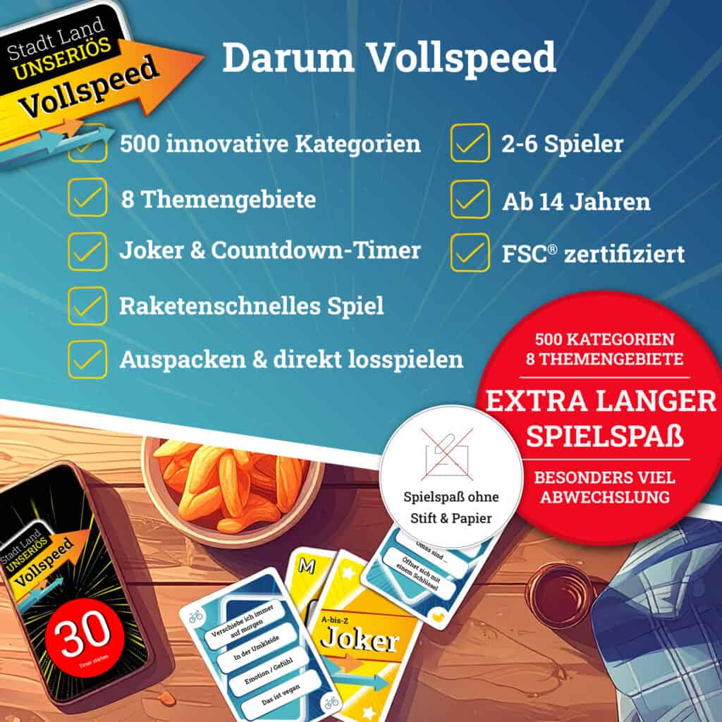 Darum Vollspeed das schnellste Stadt-Land-Fluss-Spiel - mit Timer-App - Kartenspiel -Gesellschaftsspiel für junge Erwachsende