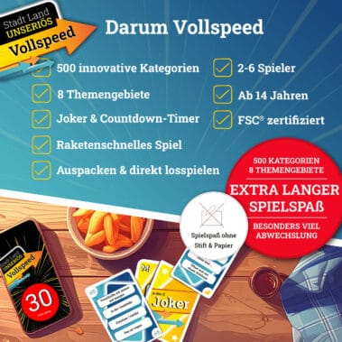 Darum Vollspeed das schnellste Stadt-Land-Fluss-Spiel - mit Timer-App - Kartenspiel -Gesellschaftsspiel für junge Erwachsende