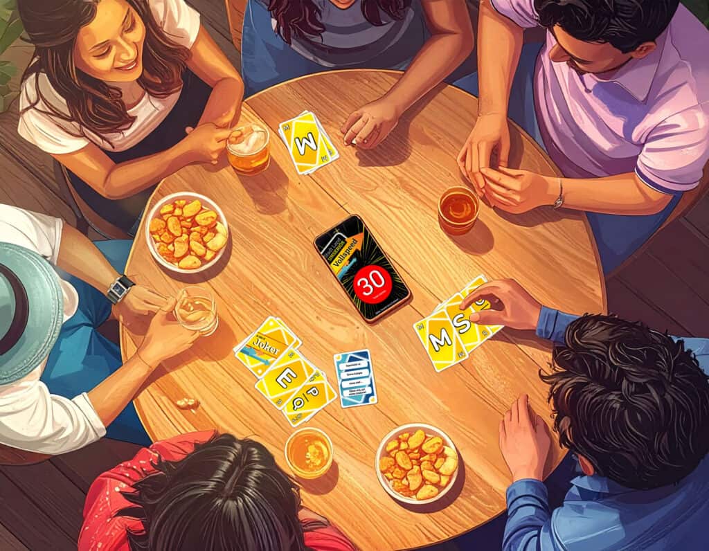 Vollspeed Kartenspiel mit Freunden an einem Spieleabend, Getränke und Snacks, entspanntes Gemeinschaftsgefühl, typisch für gesellige Runden, Brettspielabend, Spielspaß, alkoholische Getränke, lockere Atmosphäre, Gesellschaftsspiel, gemeinsame Unterhaltung.