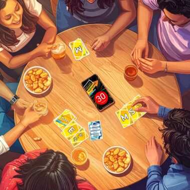 Vollspeed Kartenspiel mit Freunden an einem Spieleabend, Getränke und Snacks, entspanntes Gemeinschaftsgefühl, typisch für gesellige Runden, Brettspielabend, Spielspaß, alkoholische Getränke, lockere Atmosphäre, Gesellschaftsspiel, gemeinsame Unterhaltung.
