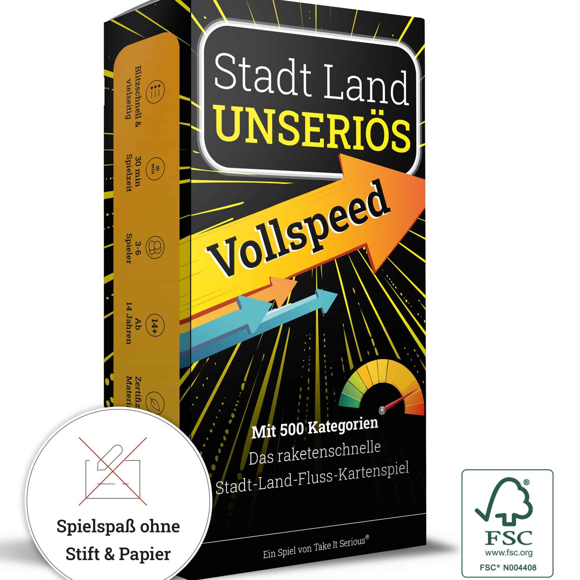 Das raketenschnelle Stadt Land Fluss Kartenspiel! Entdecke Stadt Land Unseriös Vollspeed und verbringe eine spannede, lustige und emotionsgeladene Zeit mit deinen Freunden und der Familie