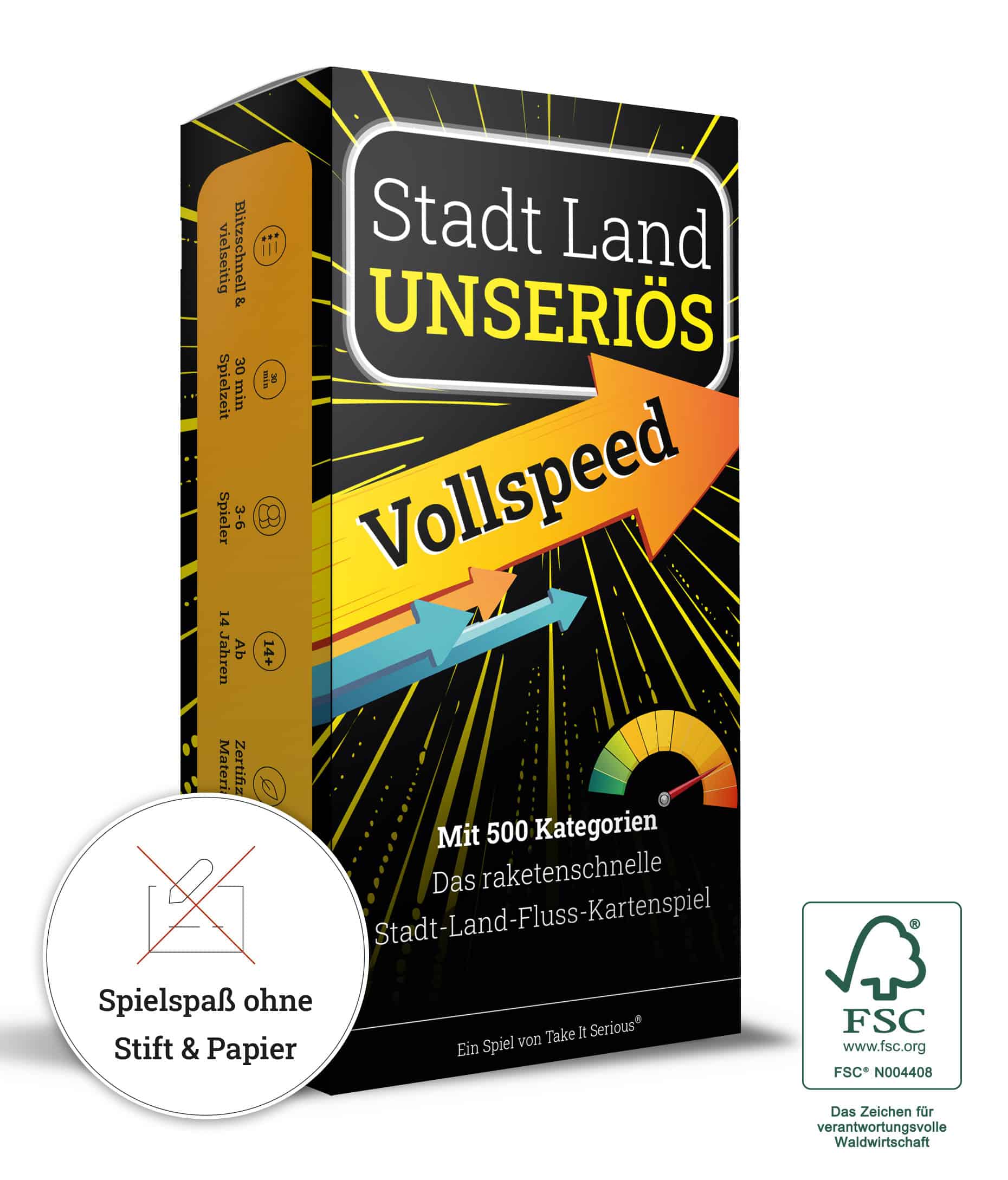 Das raketenschnelle Stadt Land Fluss Kartenspiel! Entdecke Stadt Land Unseriös Vollspeed und verbringe eine spannede, lustige und emotionsgeladene Zeit mit deinen Freunden und der Familie