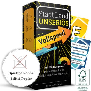 Stadt Land Unserios Vollspeed Kartenspiel, schnelles Stadte-Land Fluss Spiel mit 500 Kategorien, nachhaltiges FSC-zertifiziertes Spiel ohne Stift & Papier, perfekt für Familie und Freunde.