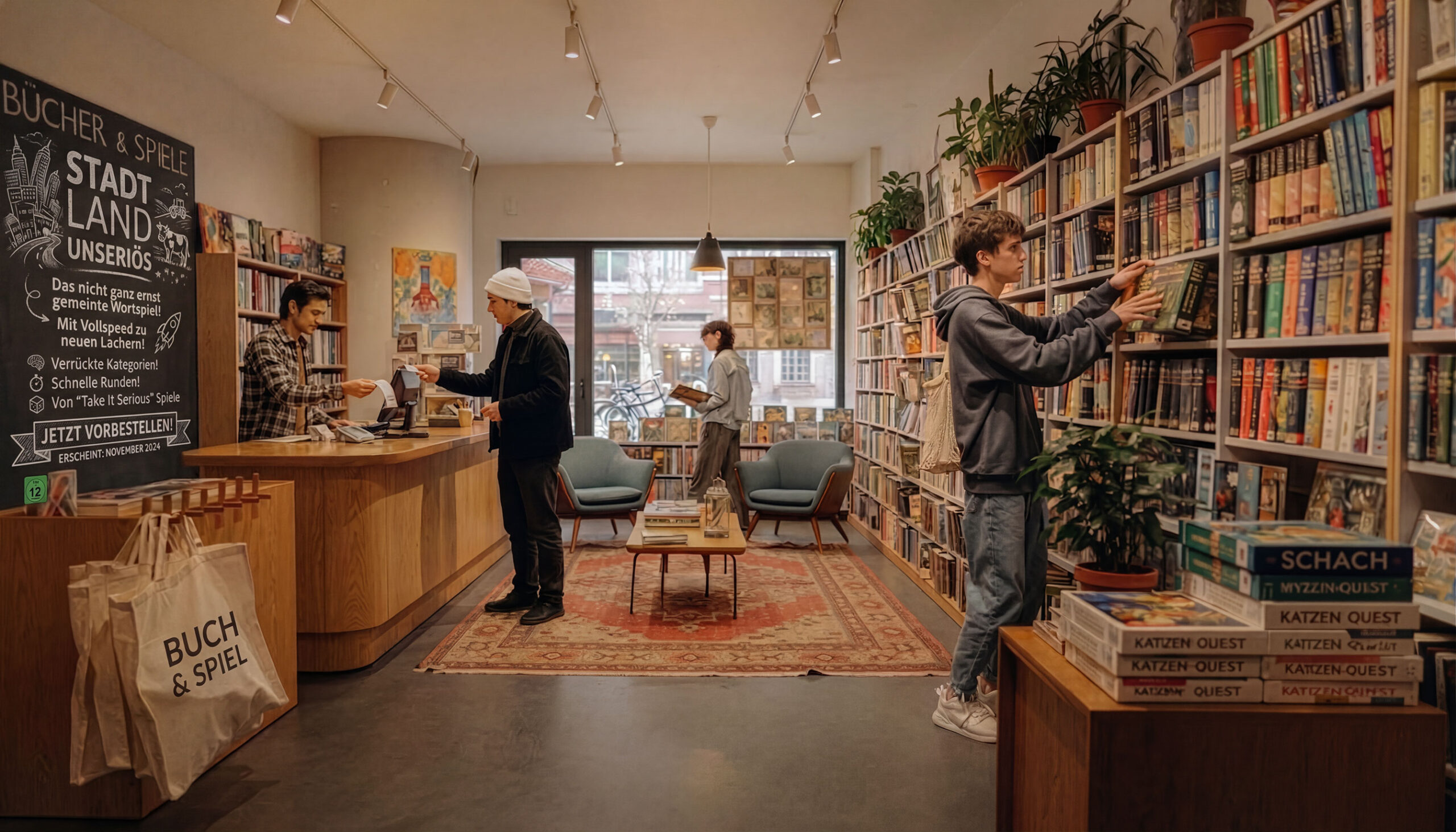 Kunden in einer Buchhandlung beim Durchstöbern von Büchern, gemütliche Atmosphäre, große Bücherregale, freundliche Beratung, ideal für Buchliebhaber.